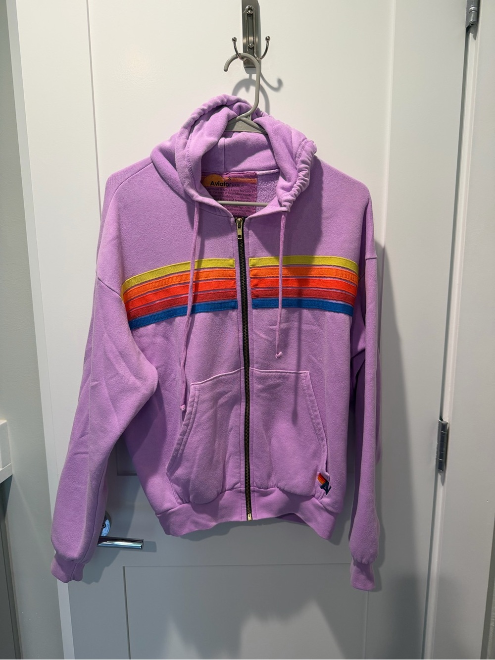 Aviator Nation 5 stripe Zip Hoodie with Rainbow Chest Stripes Small